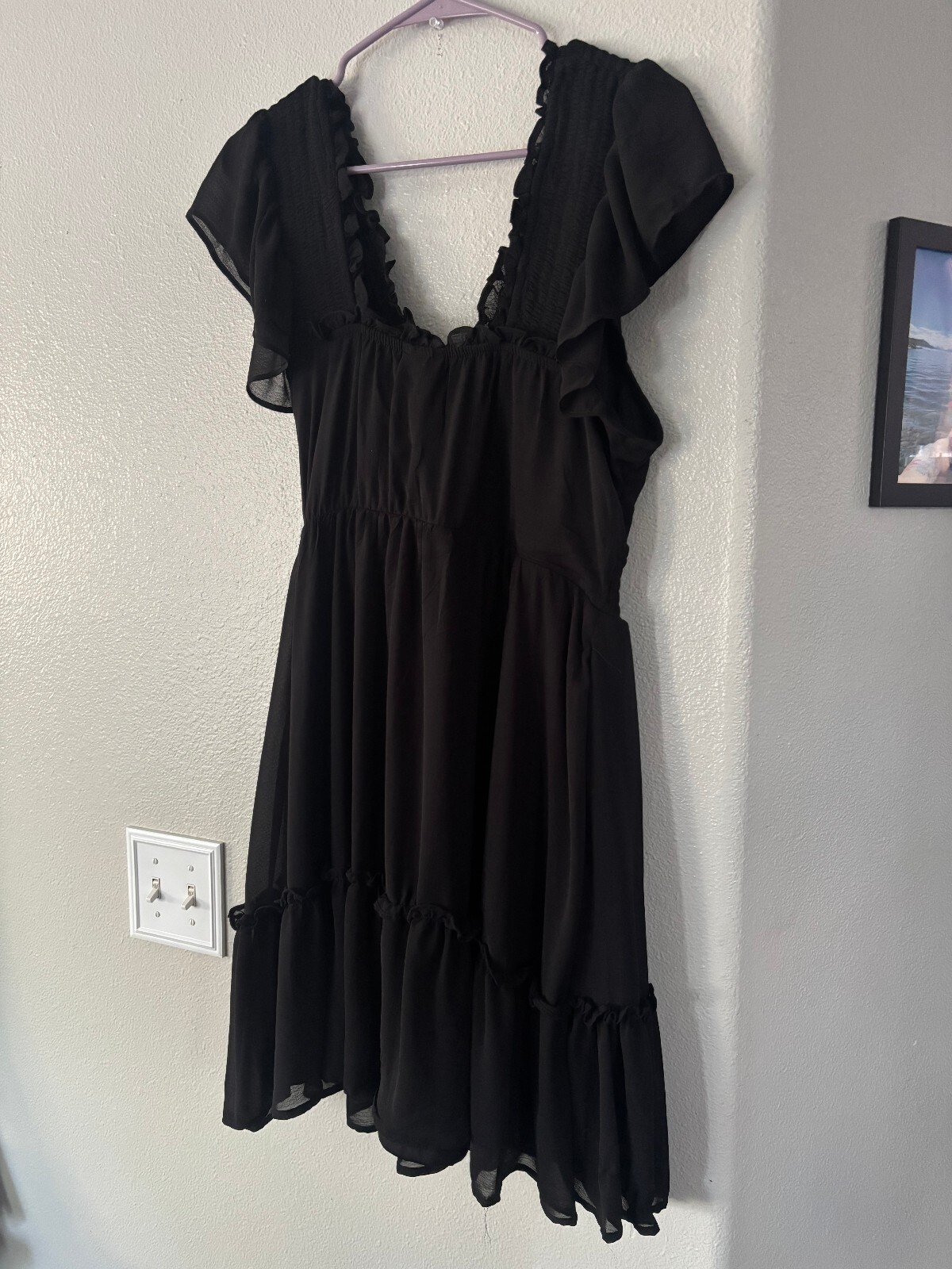Torrid Size 0 Black Smocked Mini Dress Ruffle Shoulder Chiffon Flared L 12