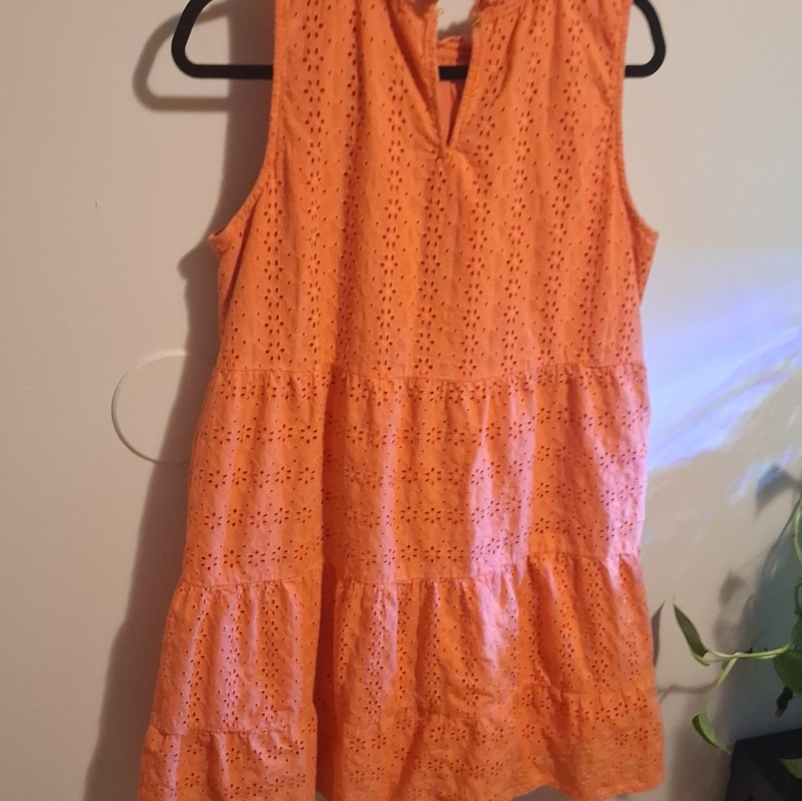 LOFT Orange Eyelet Cotton V-Neck Ruffle Lined A-Line Knee Dress XL