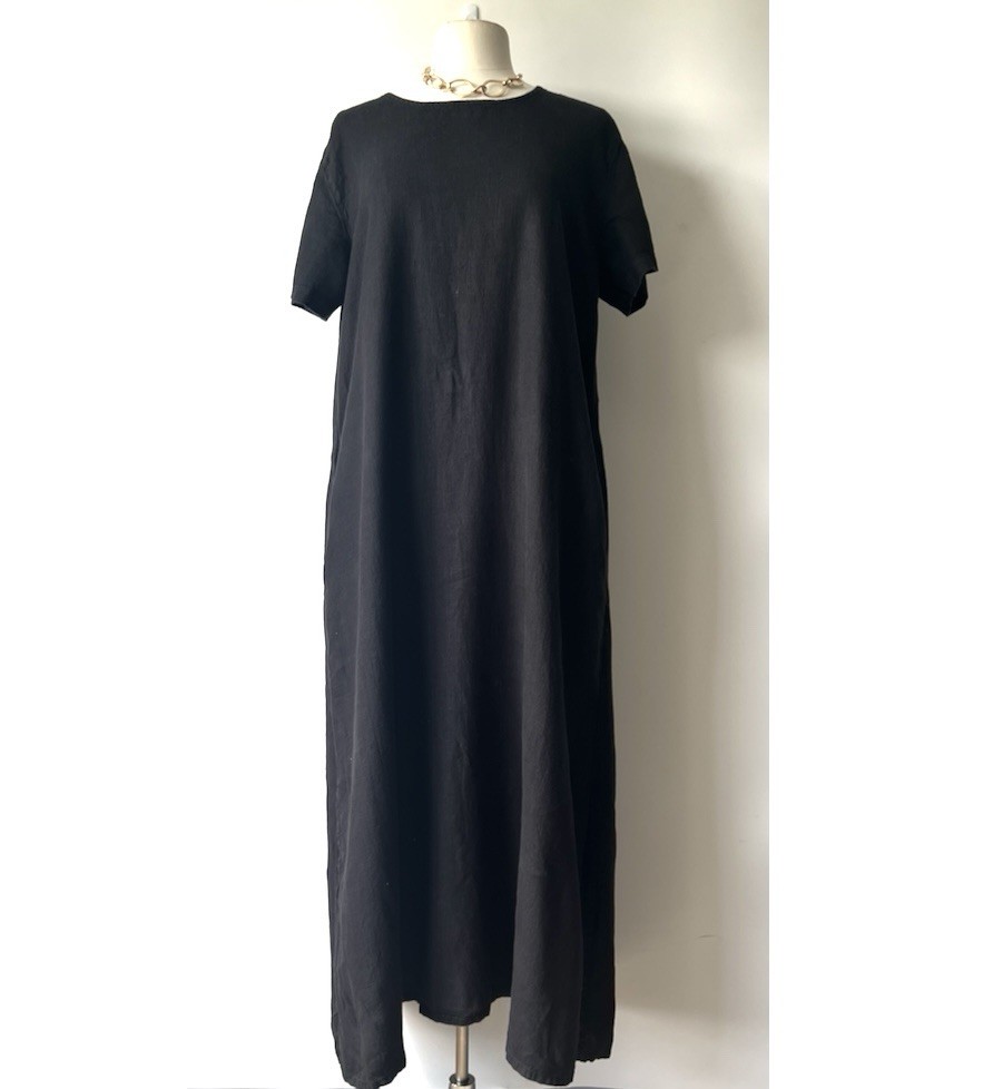 Vintage Sunbelt 100% Linen Black Lagenlook Maxi Dress L Minimalist Made In USA