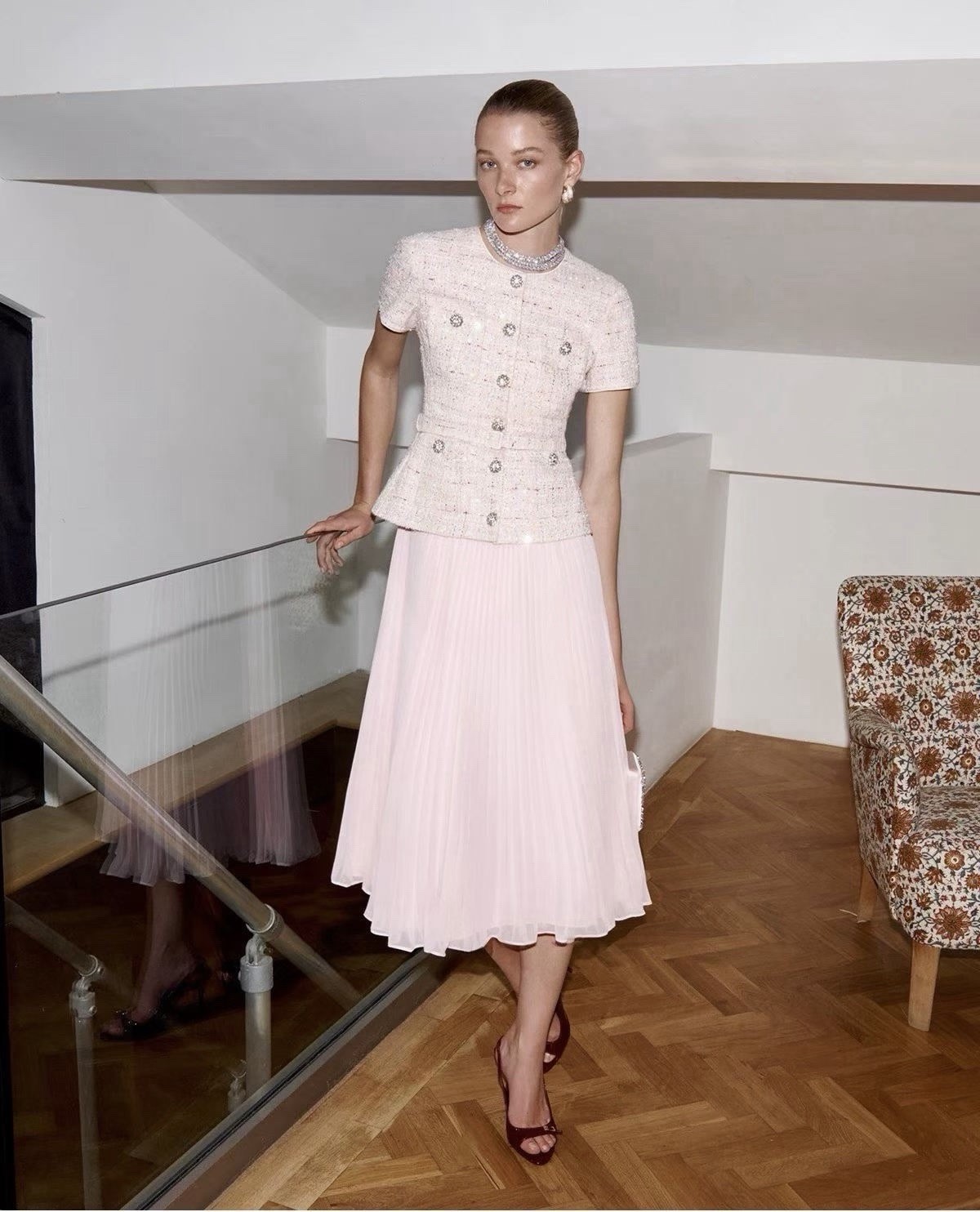 self portrait PINK SEQUIN BOUCLE TAILORED MIDI DRESS $ 750 Size US 0 UK 4