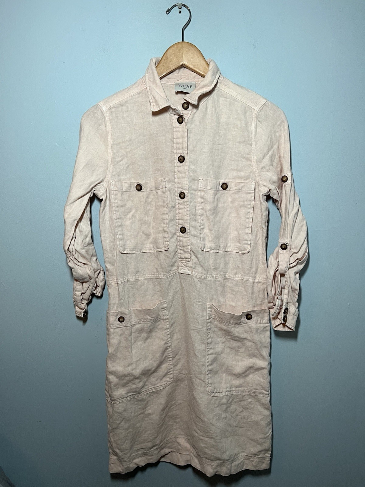 Wrap London Shirt Dress Buttons Pockets Pink Peachy Coastal Lagenlook Linen Sz 2