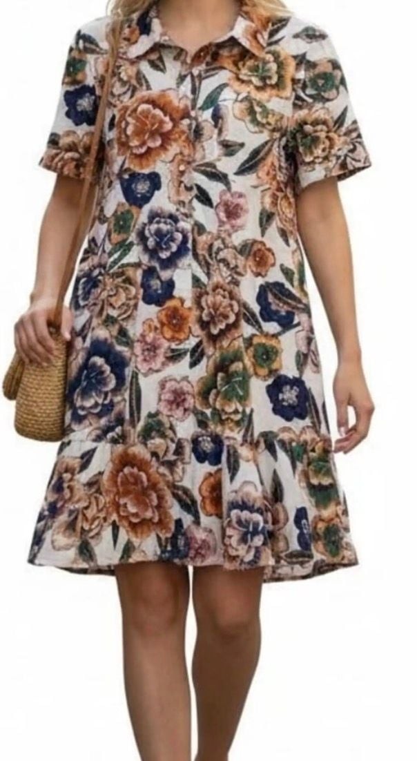 Joie Floral Print Collared Short Sleeve Ruffled Hem Mini Dress