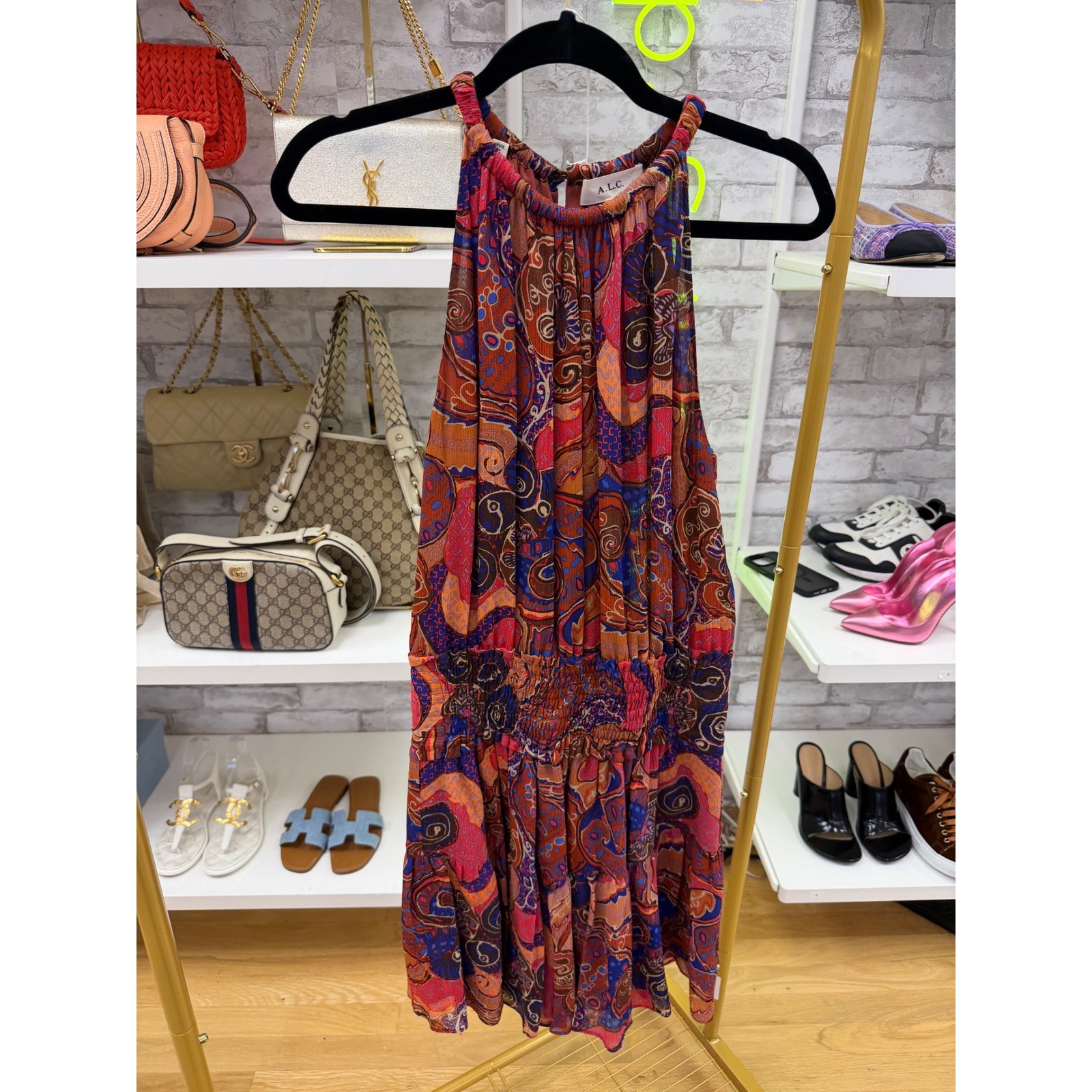 ALC Cory Silk Mini Dress Paisley Halter Smocked Waist Tiered Ruffle Orange Red 6