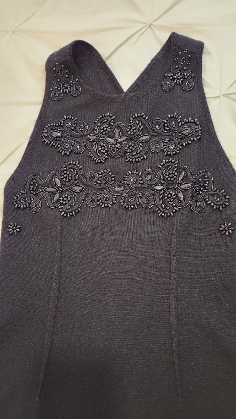 VTG 90s Carole Little Black Beaded Bodycon Wool Blend Dress Criss Cross Back (P)