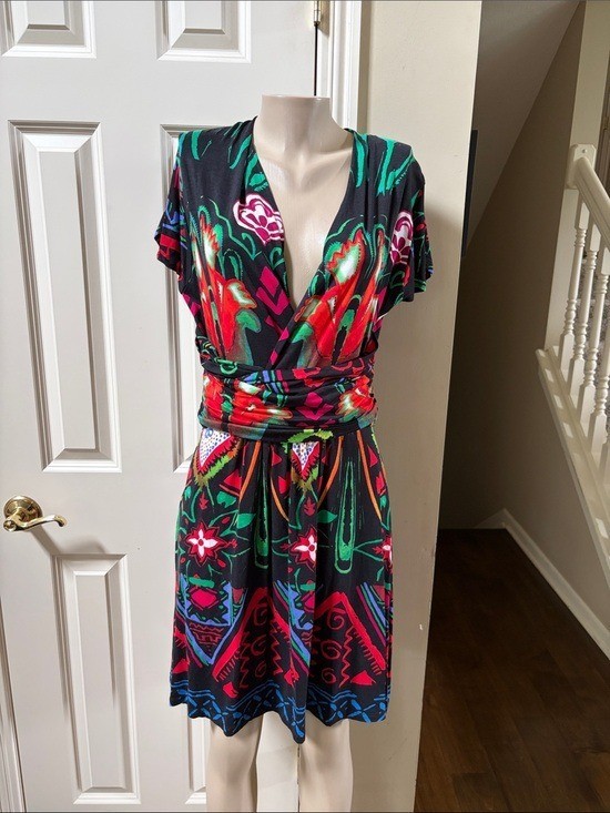 NWT Desigual Black Dress with Red, Green, Blue & Pink Floral Print, XL