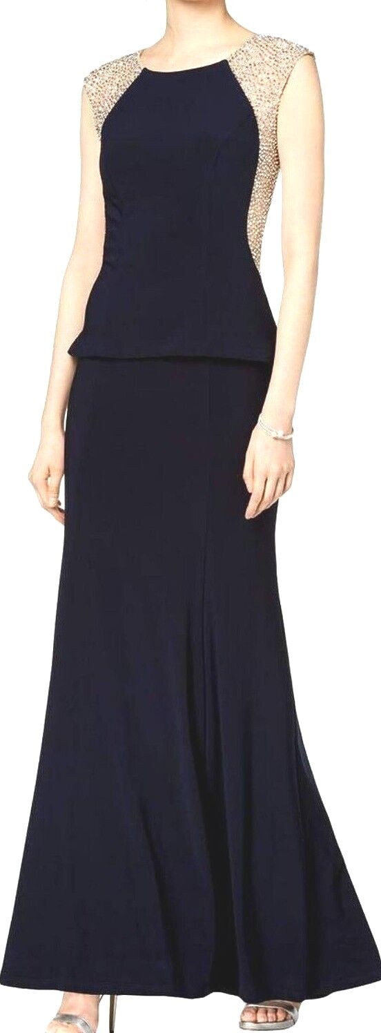 Xscape Women’s Beaded Mesh Jersey Maxi Peplum Ball Gown, Navy, Tall 6,8,10,12,14