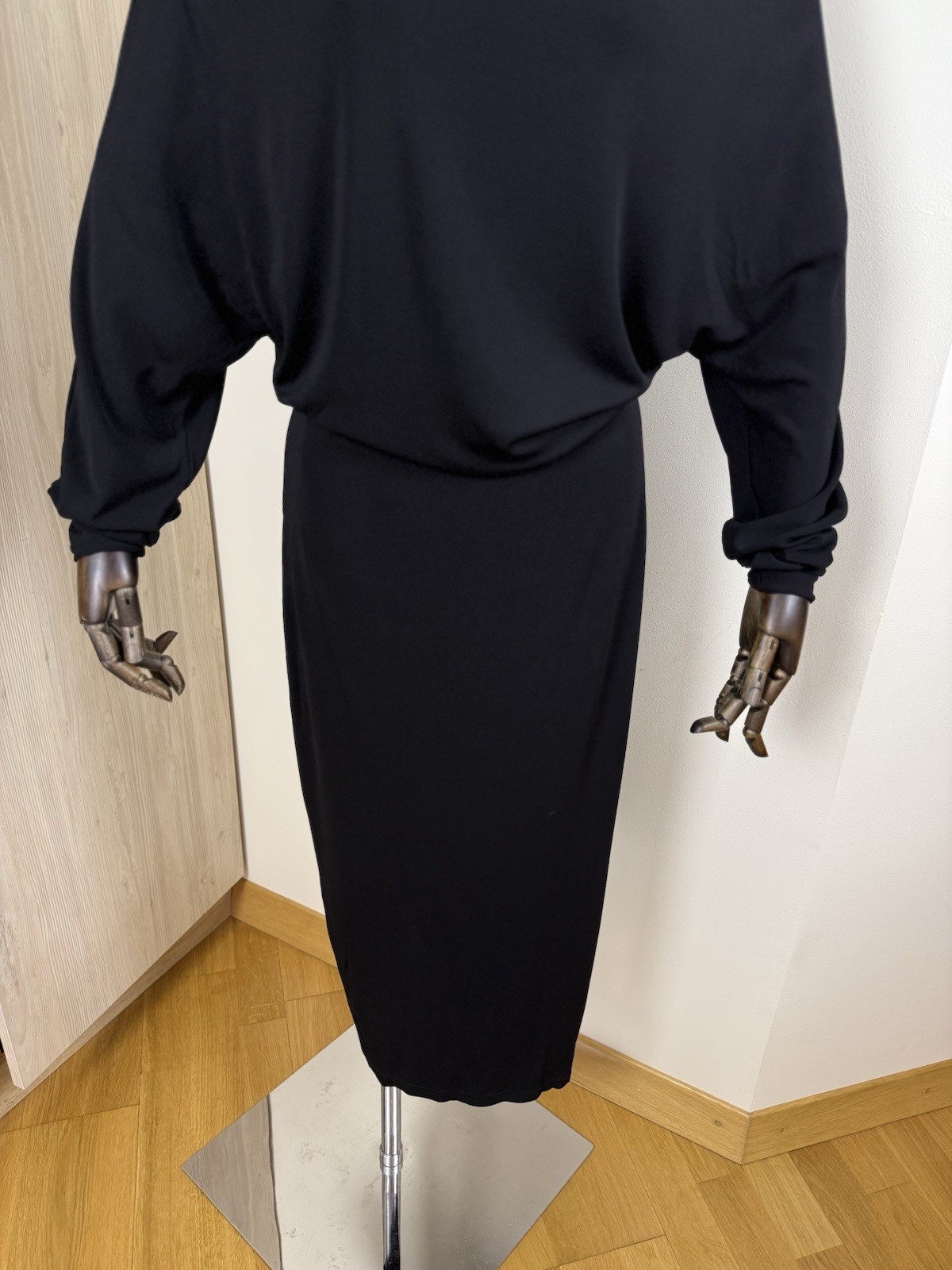Filippa K Black Minimalist Midi Dress M Draped Batwing Sleeve Scandinavian Chic