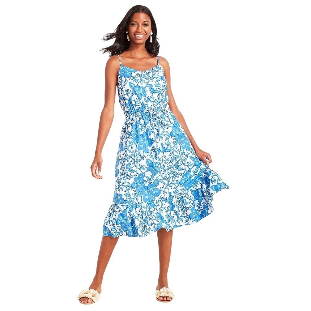 Vineyard Vines Dress Women Large Tide Blue Floral Button Front Midi NWT Preppy