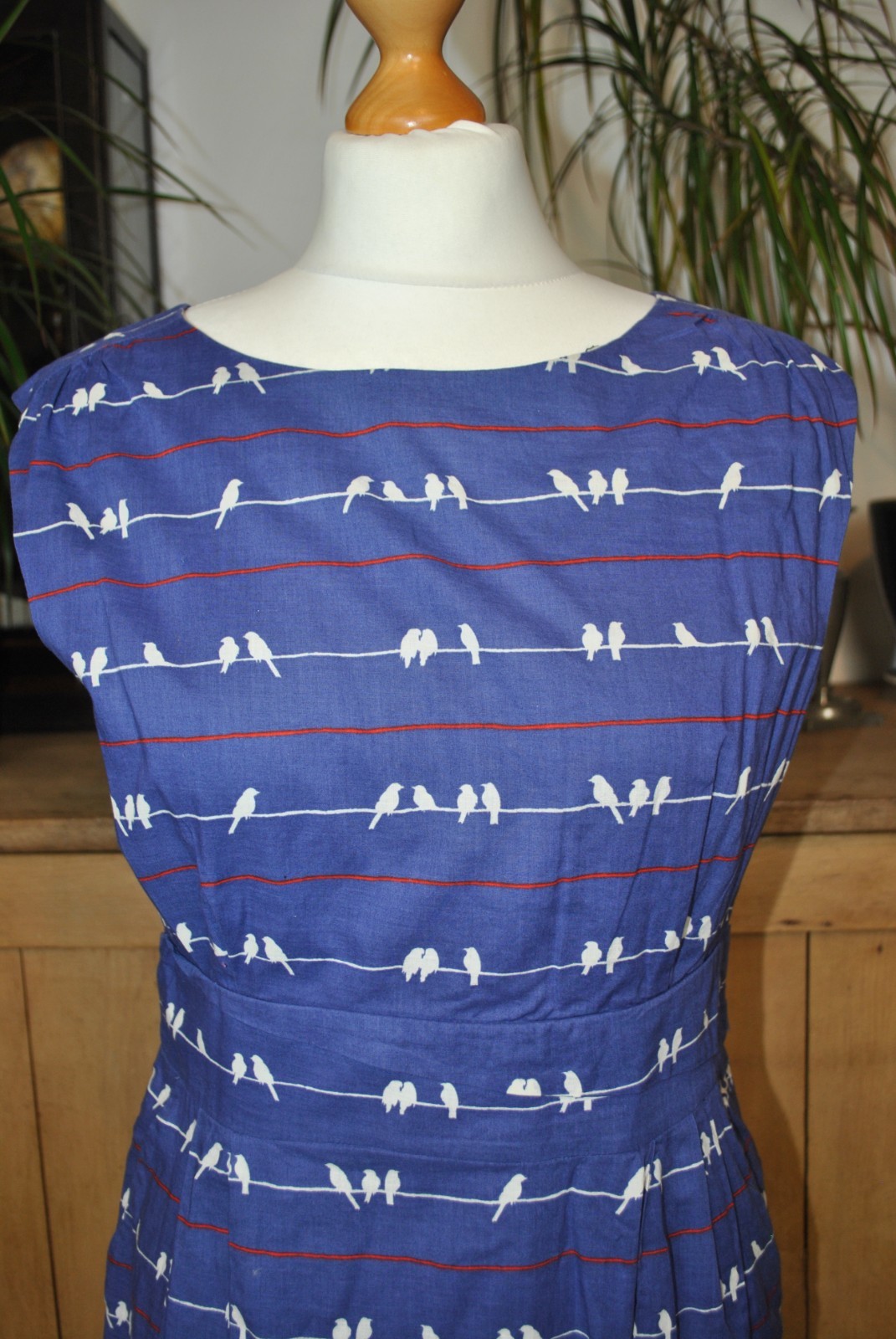 Poem by Oliver Bonas Blue Bird Print Cotton Sleeveless Fit & Flare Dress Size 12