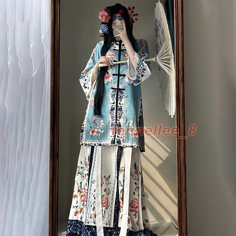 Qing Dynasty Womens Retro Chinese Costumes Dress Printed Hanfu Dress New