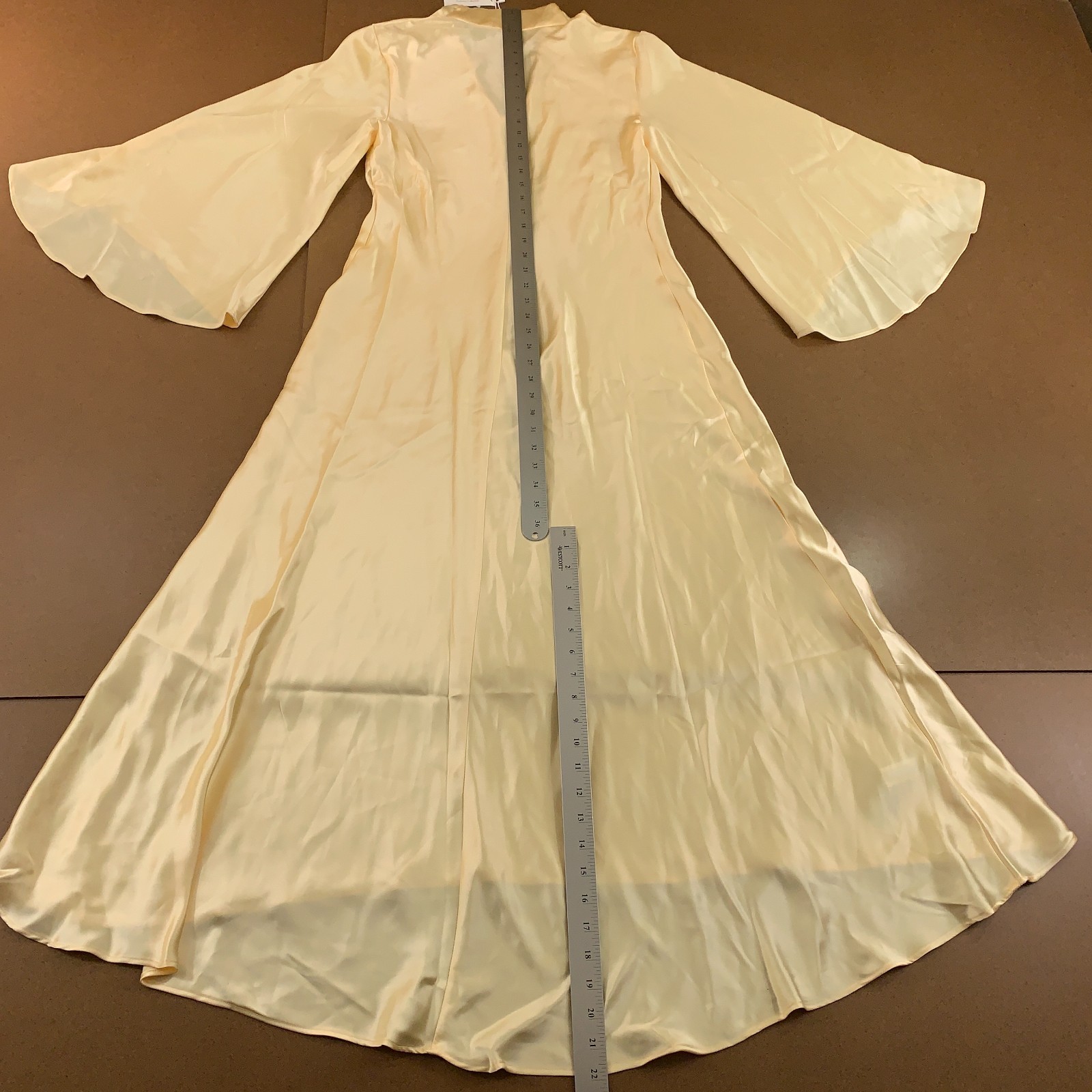 Mango Womens US 8 Pale Yellow Satin V-Neck Flared Sleeves Lined A-Line Dress NWT