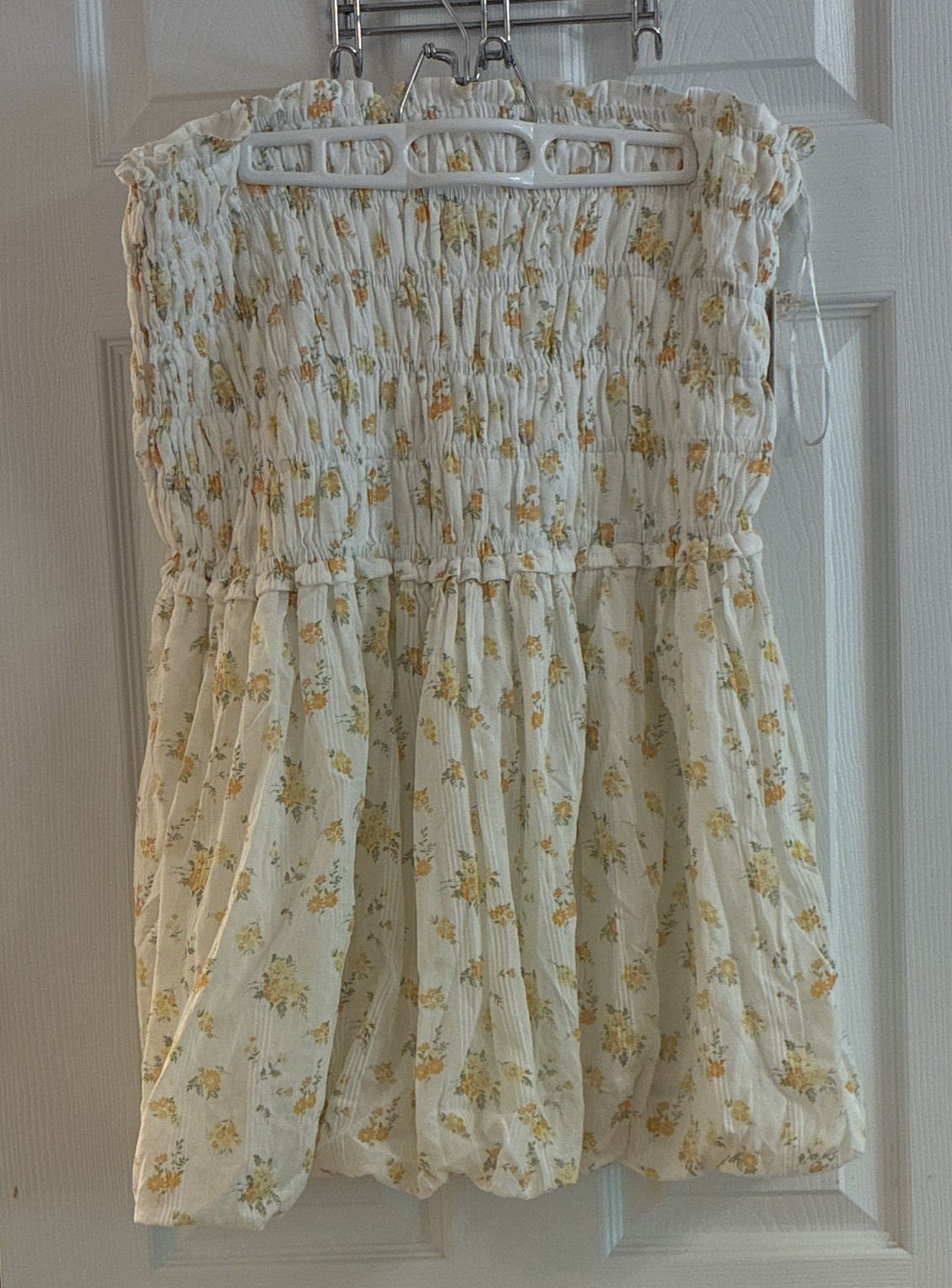 Jessica Simpson XL White Yellow Green Floral Strapless Smocked Seersucker Mini
