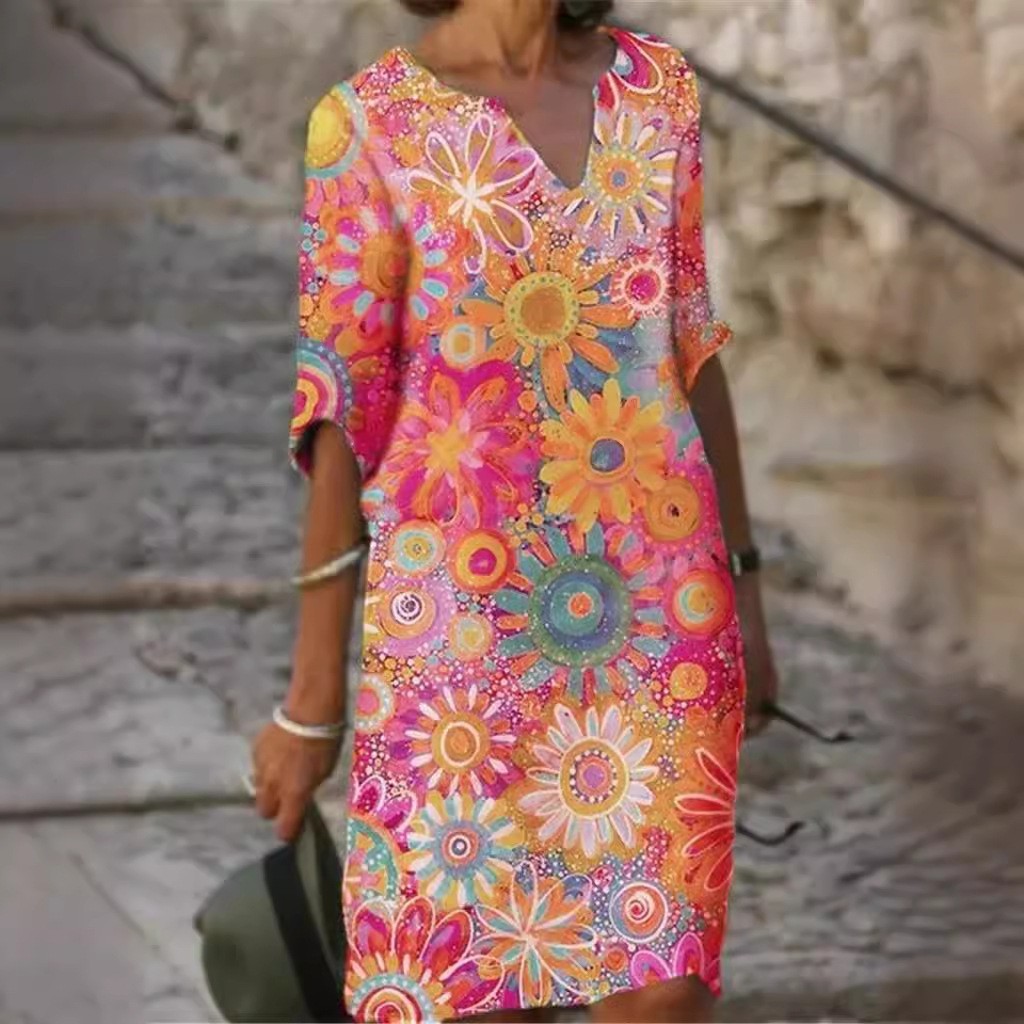 Women’s Plus Size Colorblock Patchwork V-Neck A-Line Midi Dress