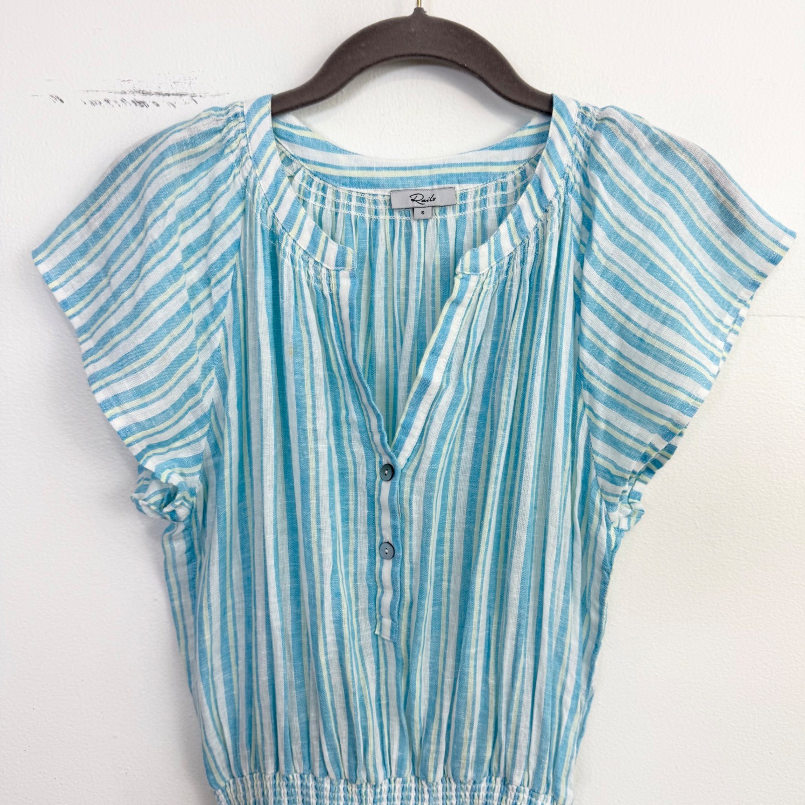 Rails Augustine Laguna Stripe Linen Blend Smocked Mini Dress Blue White Small
