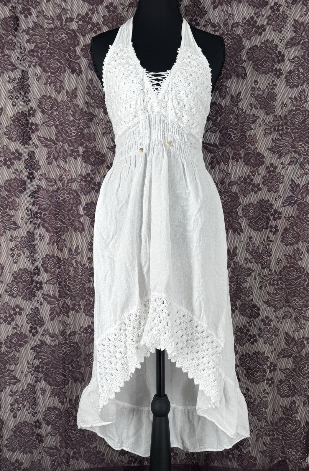 Seaspice White Crochet Halter Dress M Boho Coastal Beach Cottage Prairie Peasant