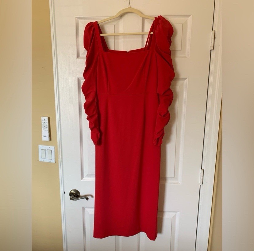 Antonio Melani Square Neck Long Ruched Sleeve Midi Sheath Dress Elegant Cocktail