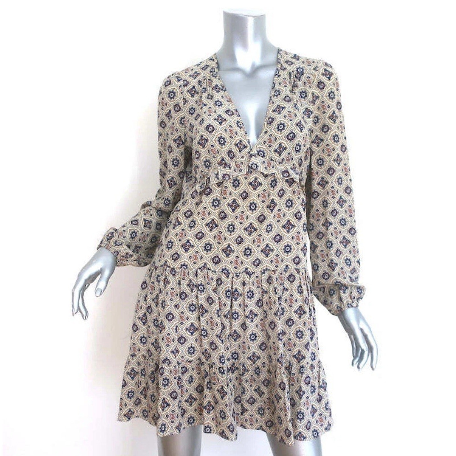 Veronica Beard Size 4 Delray Long Sleeve 100% Silk Mini Dress Peasant Boho B22