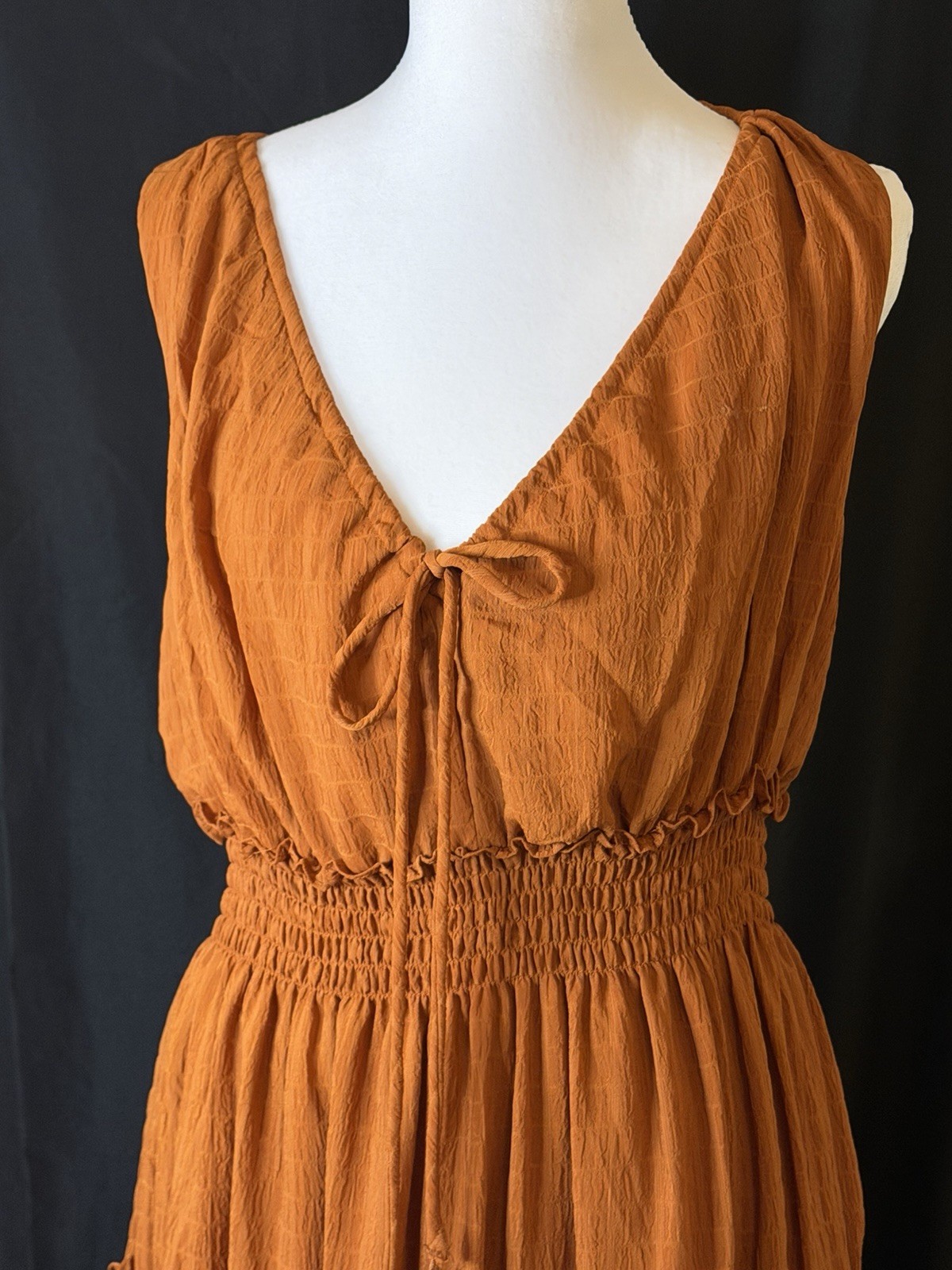 Jessica Taylor Women’s Brown Solid Maxi Dress V-Neck Tie Front Smocked L