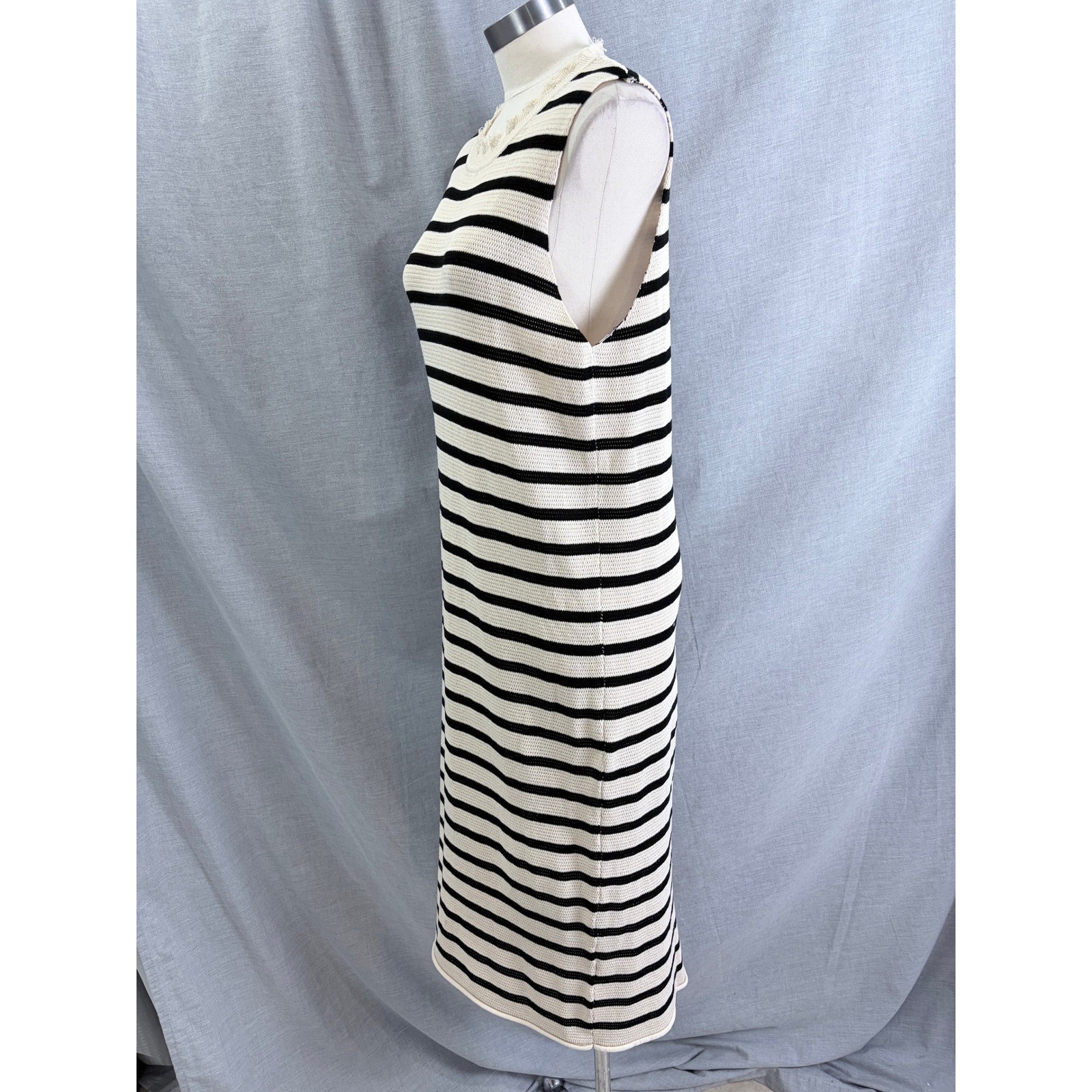 mello. Los Angeles Striped Knit Midi Dress Distressed Neck Cream Black Medium
