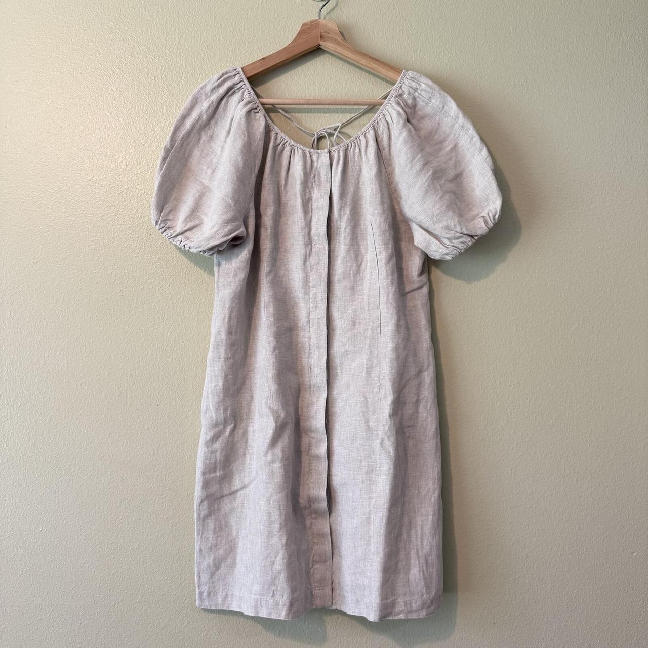 J Crew Puff Sleeve V-back Linen Shirtdress Dress Flax Neutral Sheath