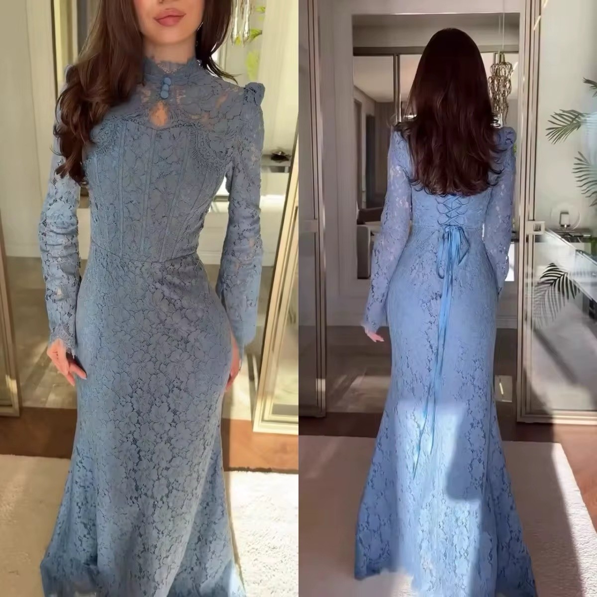 Women’s Blue Floral Lace High Neck Long Sleeve Gown Lace-Up Stretch, one Size