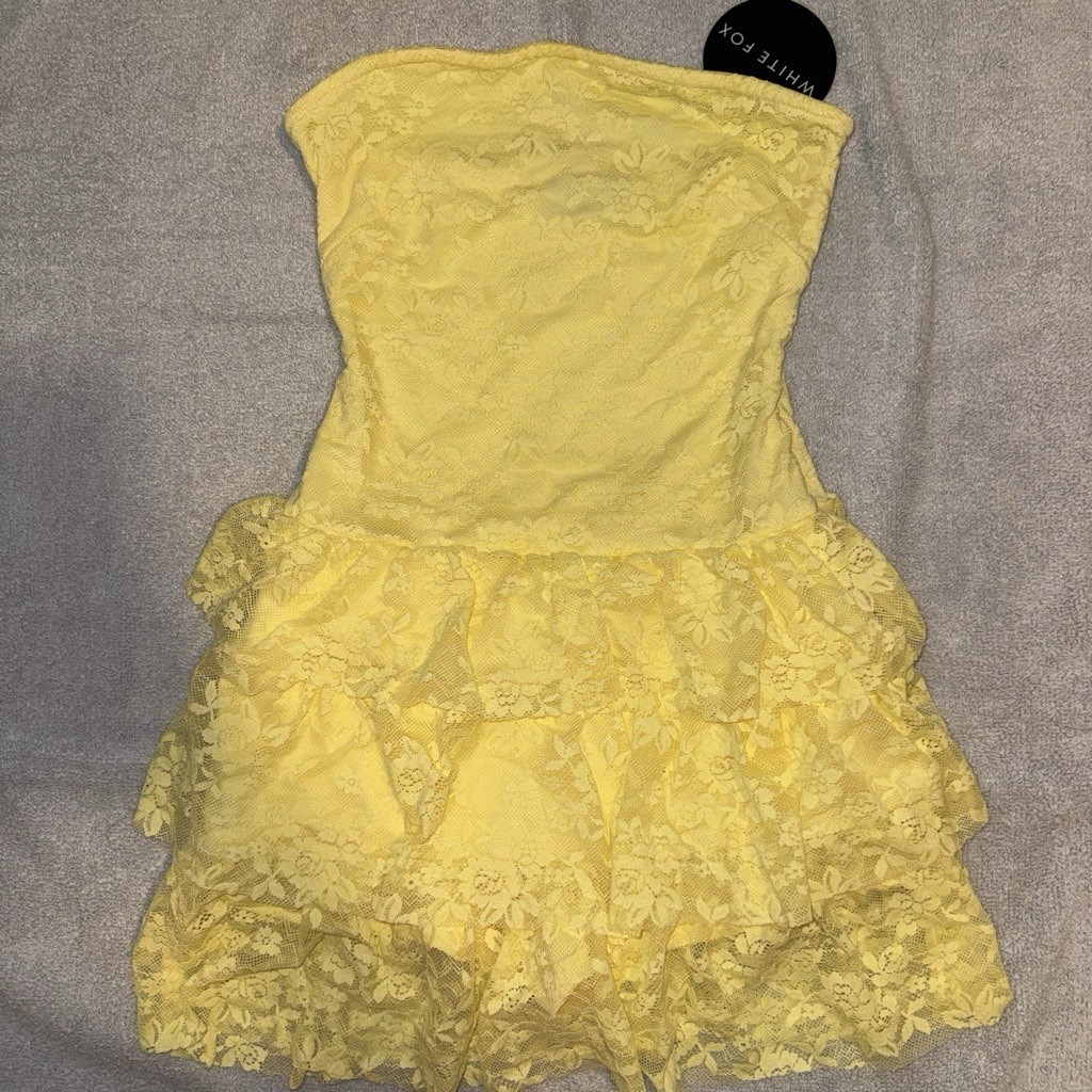 White Fox Yellow Strapless Floral Lace Ruffle Fit & Flare Short Dress S