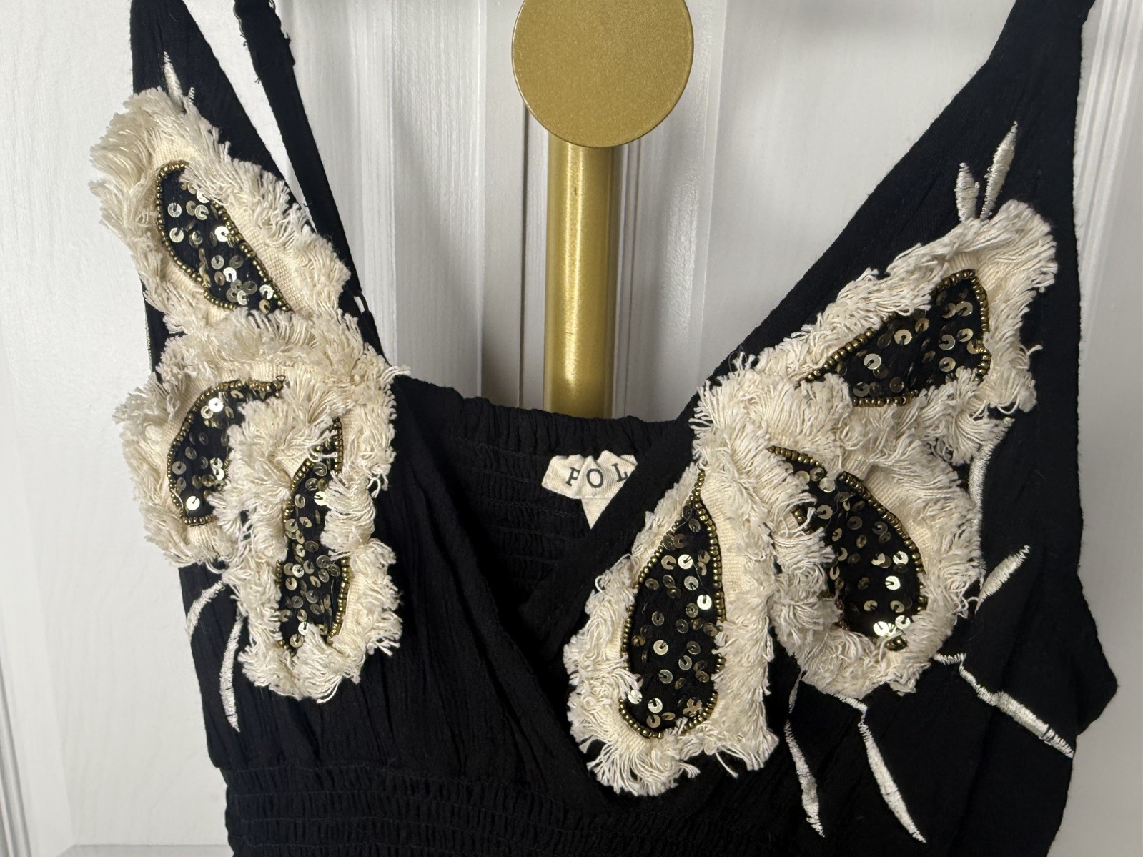 POL Black Smocked Ruffle Mini Dress Sequin Accents Women’s Size Small (NWOT)
