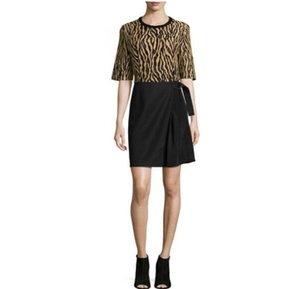 3.1 Phillip Lim Tiger Print Mixed Media Wrap Dress – Black & Orange Gold Size 4