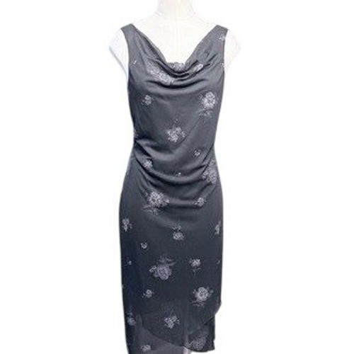 Vtg Y2K 90s Midi Dress Sz L Black Cowl Neck Strappy Back Floral Fairy Whimsigoth