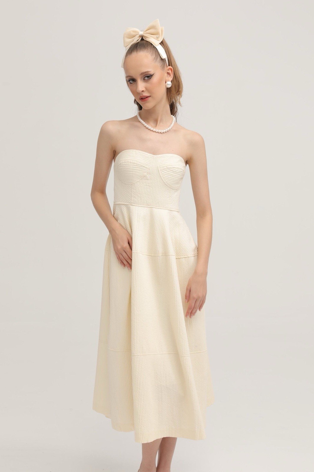 NWT MISS ROSIER Size L Neutrals Cortny Bustier style Pleated Midi Dress POCKETS