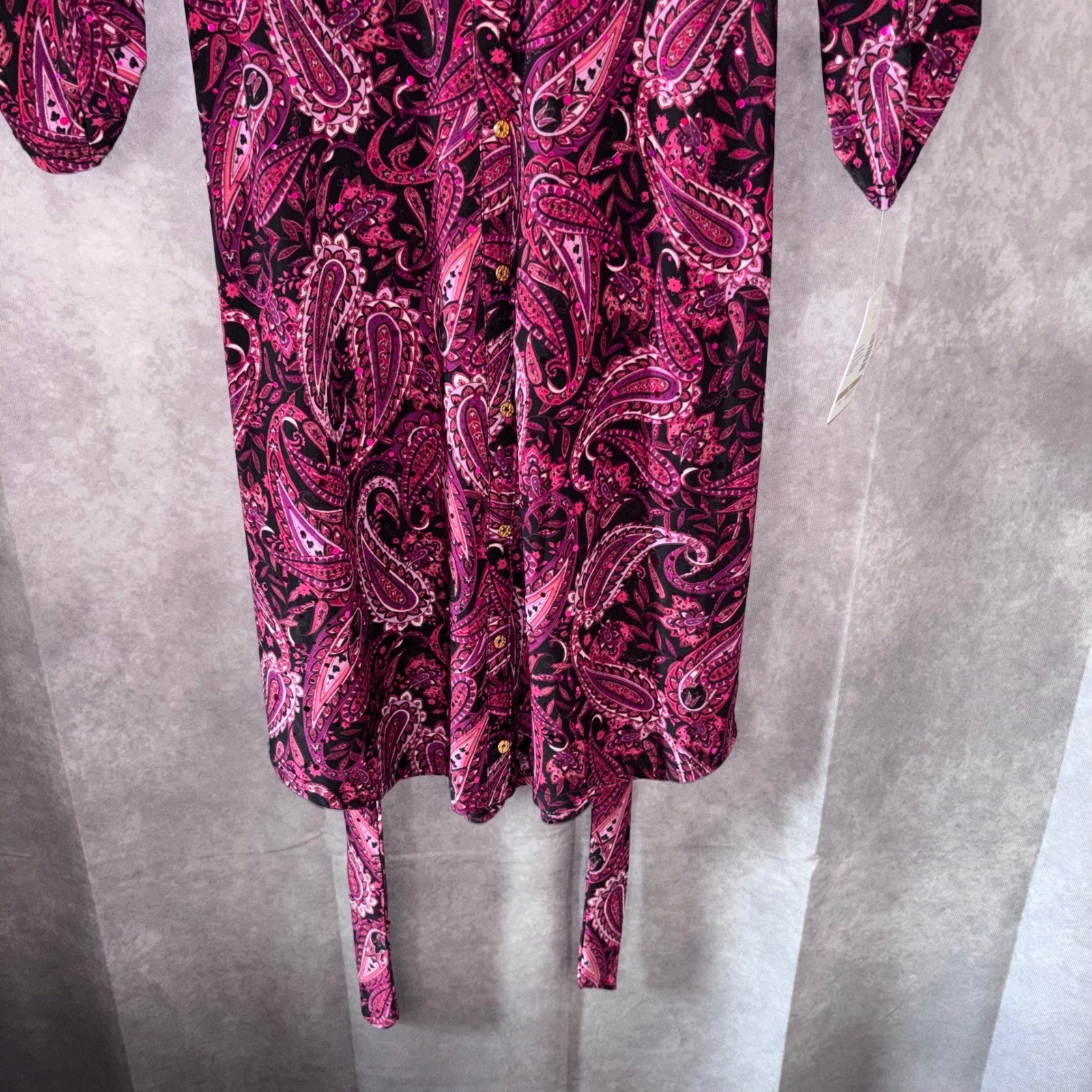 NWT Emily Daniels Petite Small Pink Paisley Sequin Button Front Shirt Dress