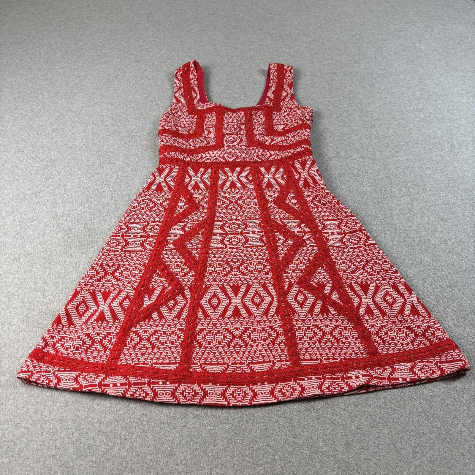 Maeve Dress Women 4 Red Geometric Fit Flare Jacquard Sundress Boho Tribal Retro