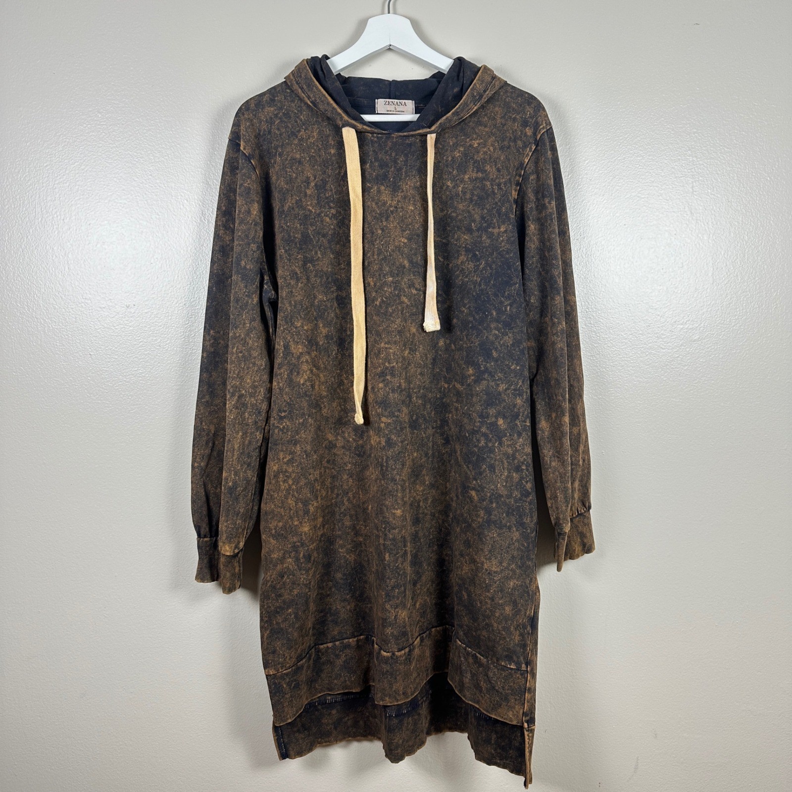 Zenana Women’s L Hoodie Dress Brown Acid Wash Long Sleeve Relaxed Fit Boho