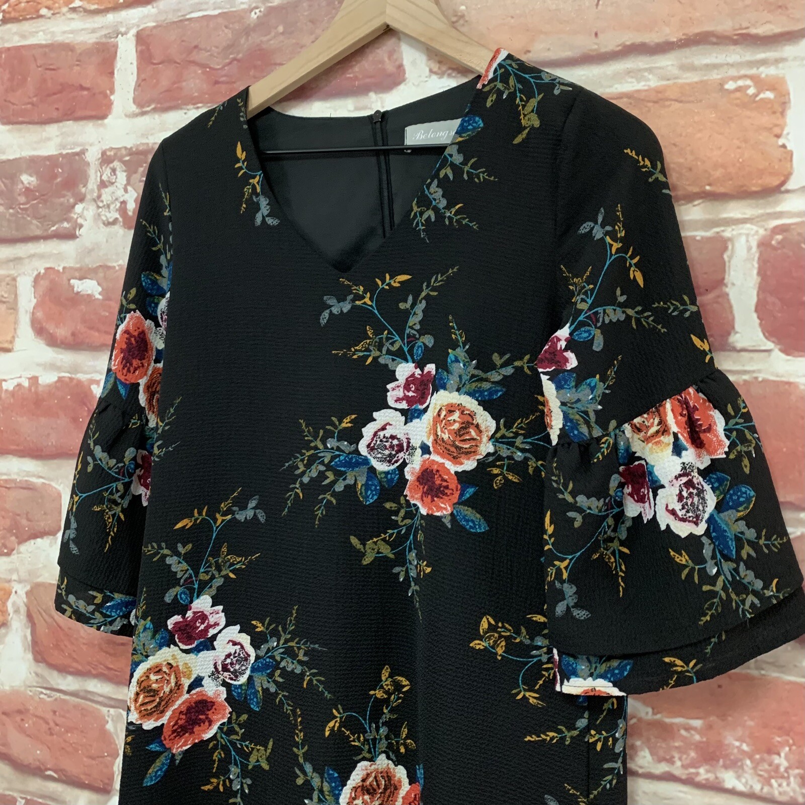 Belongsci Dress Womens Small Black Multicolor Floral Tiered Sleeve Zip Up