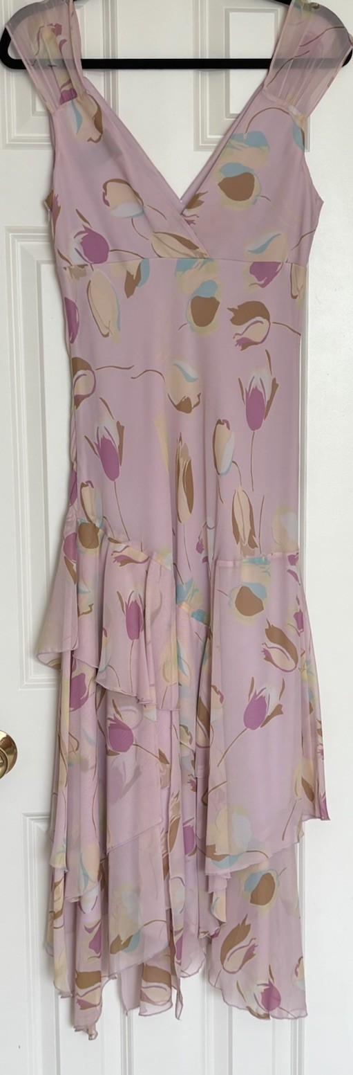 Max & Cleo Pink Floral Silk Chiffon Ruffle V-Neck Sleeveless Midi Dress 10