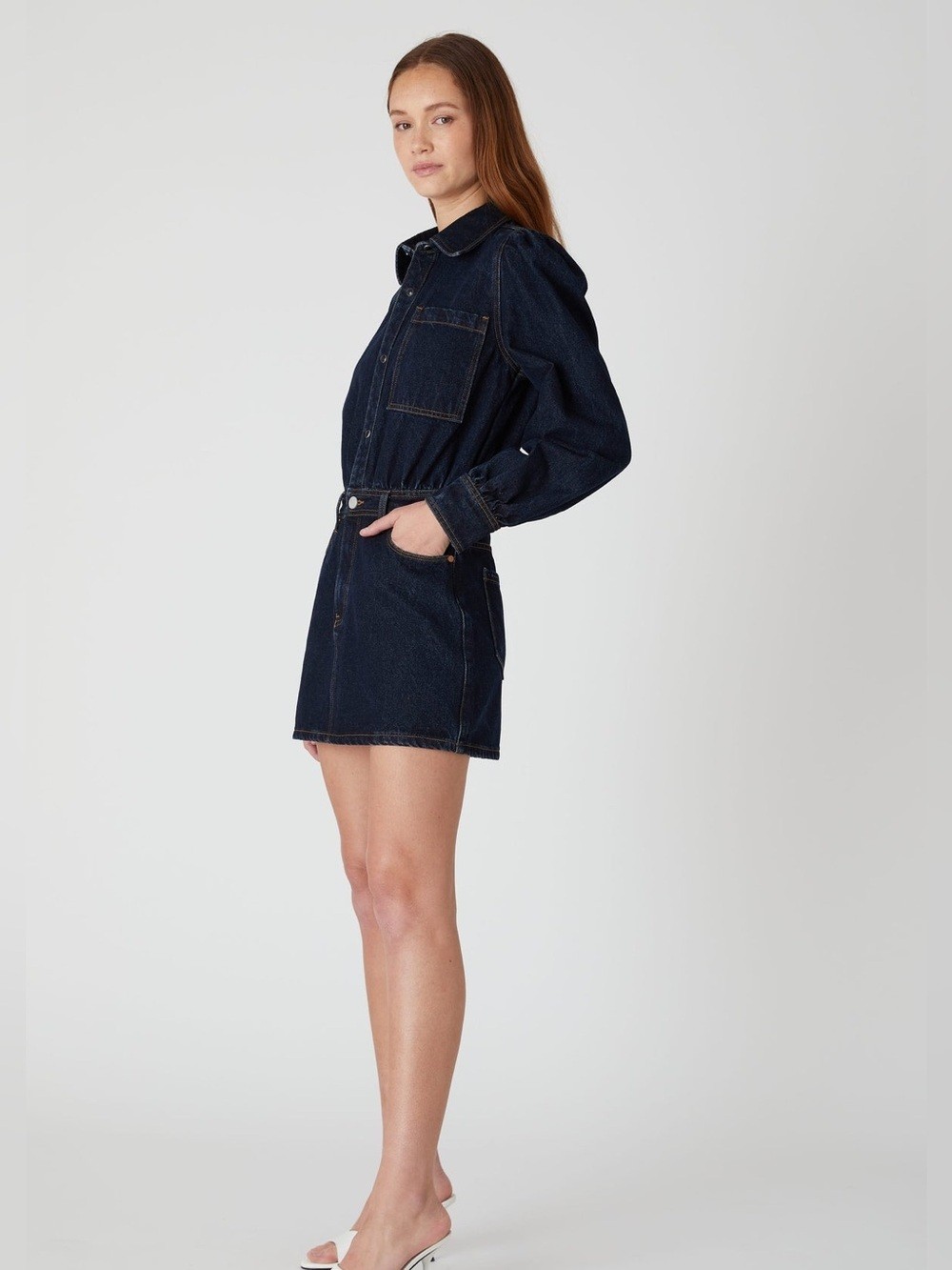 BlankNYC Deep Down Dress in Dark Indigo Wash With Long Puff Sleeves Size Medium