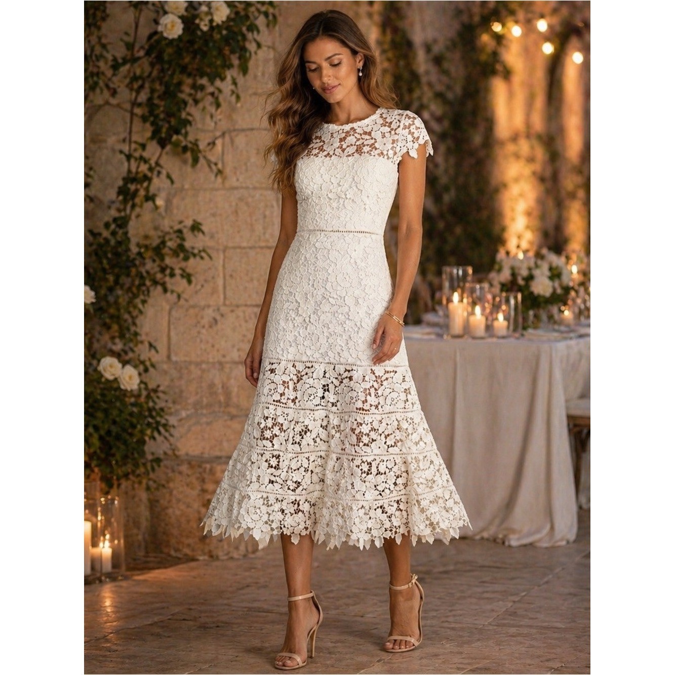 Joie Caledonia Ivory Guipure Lace Midi Dress Bridal Rehearsal Dinner Sz 6