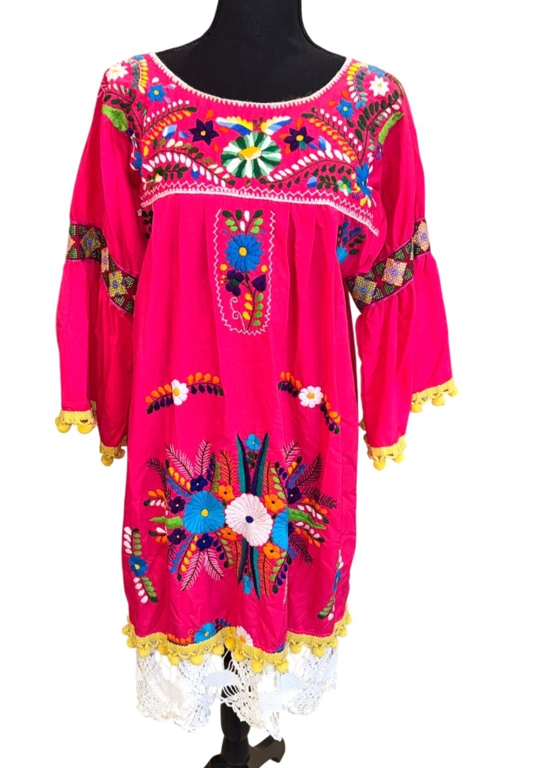 Handmade Fiesta Mexican Embroidered Floral Dress Crochet Hem Bell Slve Hot Pink