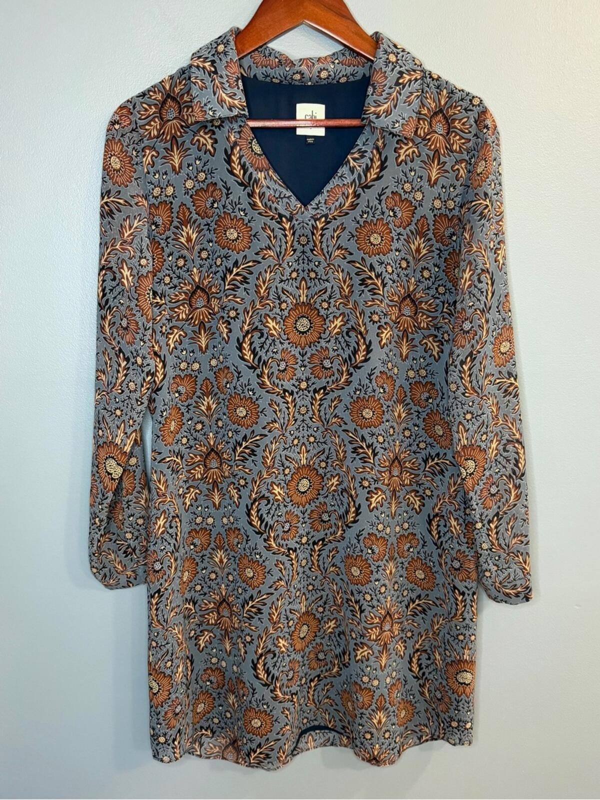 CAbi Provincial Blue Floral Long-Sleeve Mini Dress #3295 | Size Small
