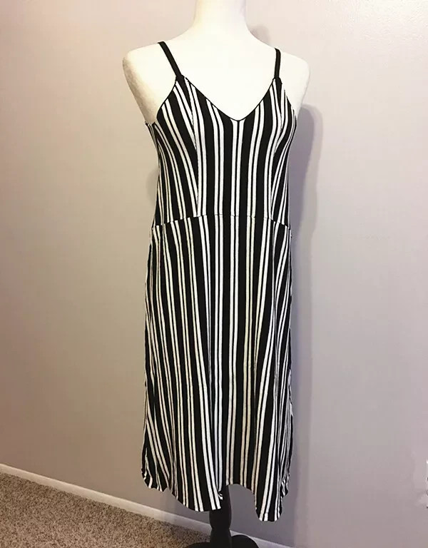 Women Stripes Printed V Neck Strap Loose Casual Club Long Dress