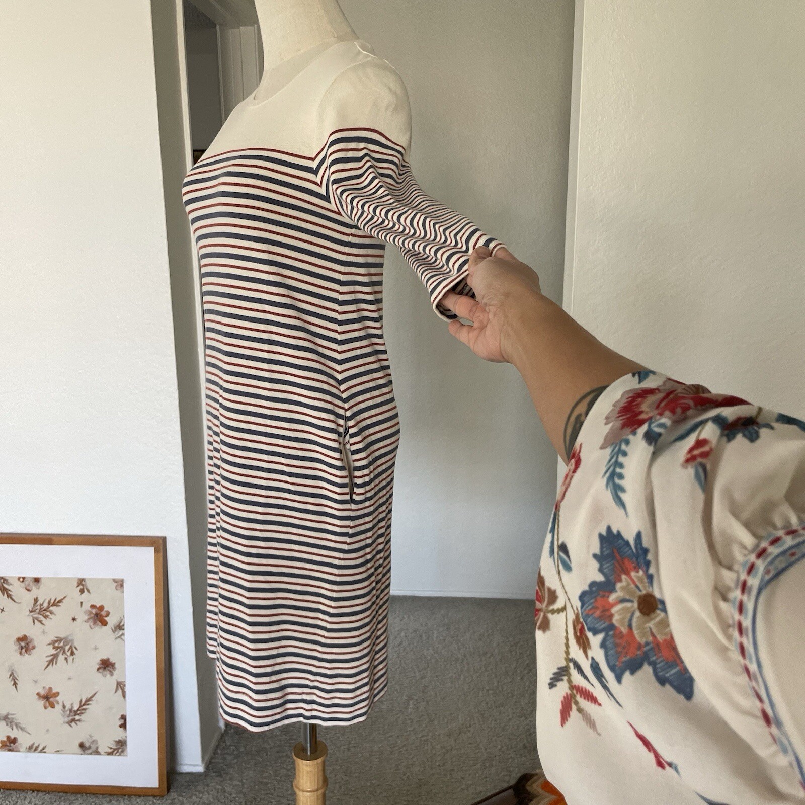 Marine Layer April Stripes Pocket Mini Shirt Dress XS Cream Blue Red
