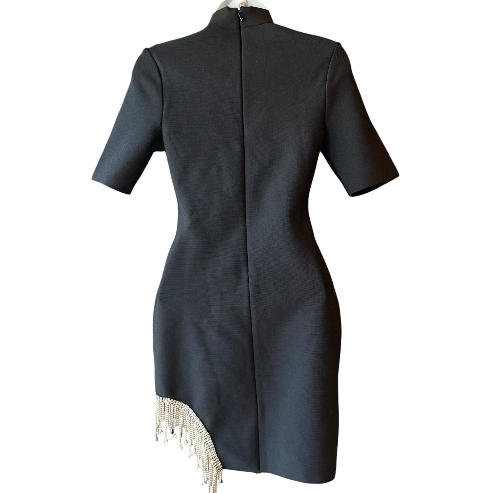 Bella Barnett Black Rhinestone Fringe Mock Neck Cocktail Dress Size Medium NWT