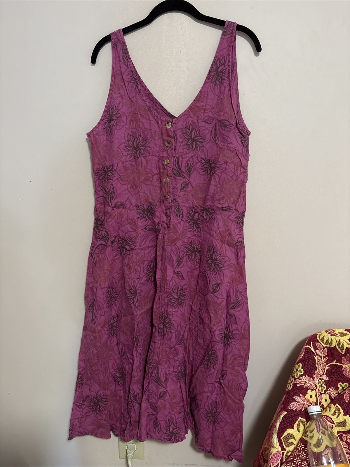 Cut Loose linen Dress XL (runs Small) purple Pearl Buttons Floral Read Desc