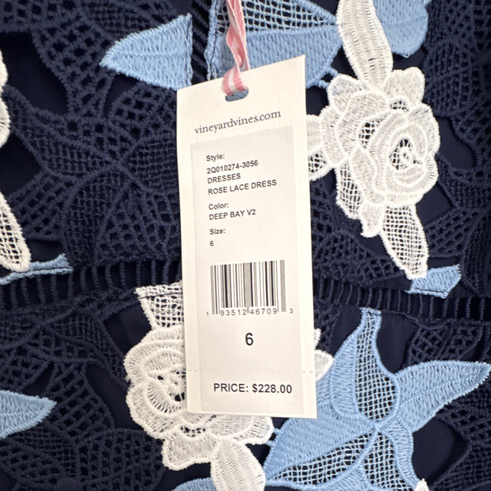 Vineyard Vines Blue/White Floral Lace Pencil Dress V-Neck Sleeveless Knee 6 NWT