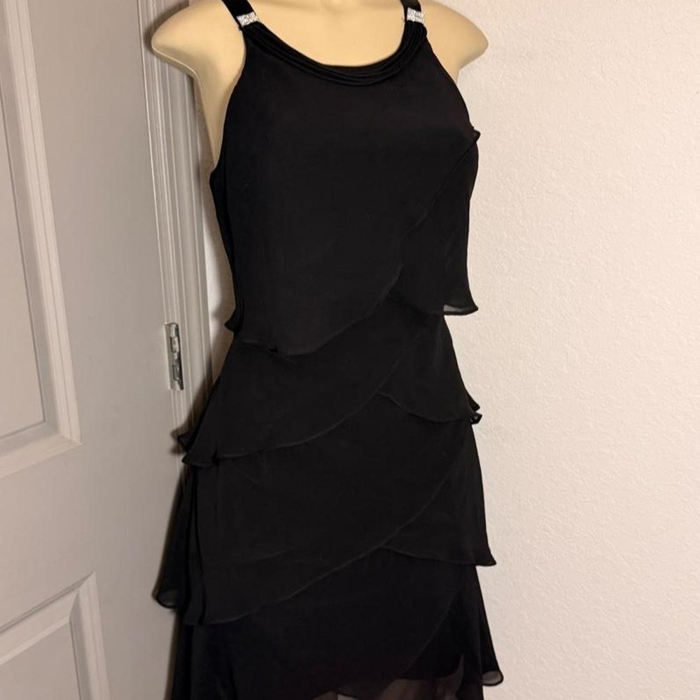 Layered Black ruffle dress with rhinestone straps detail
