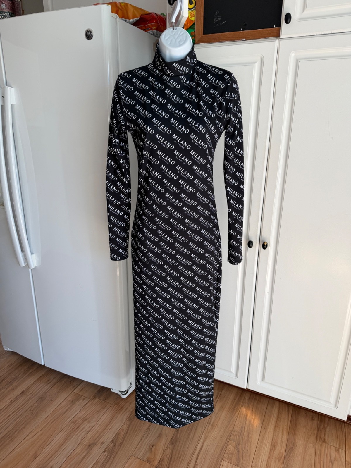 Milano Di Rouge Print Bodycon Maxi Dress Size M Black/White Stretch Form Fitting