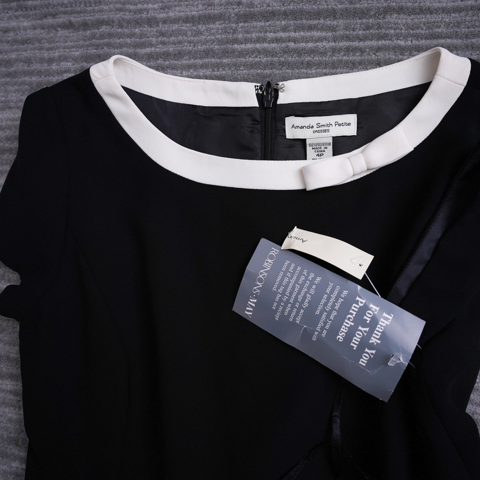 Amanda Smith Petite Black White Bow Audrey Sheath Dress NWT 4P 16.5×36.75