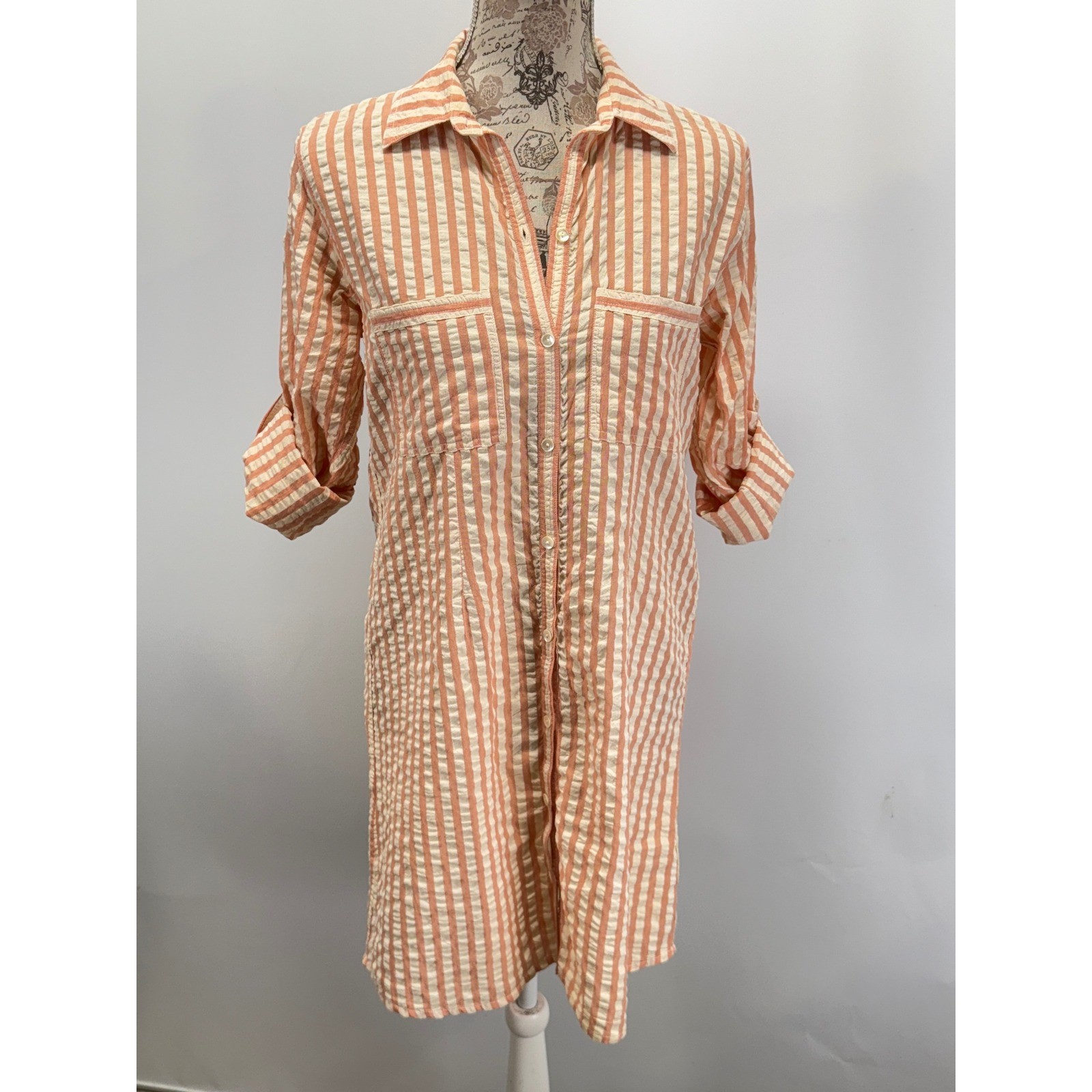 Roller Rabbit Orange White Striped Seersucker Button Front Shirt Dress Sz S