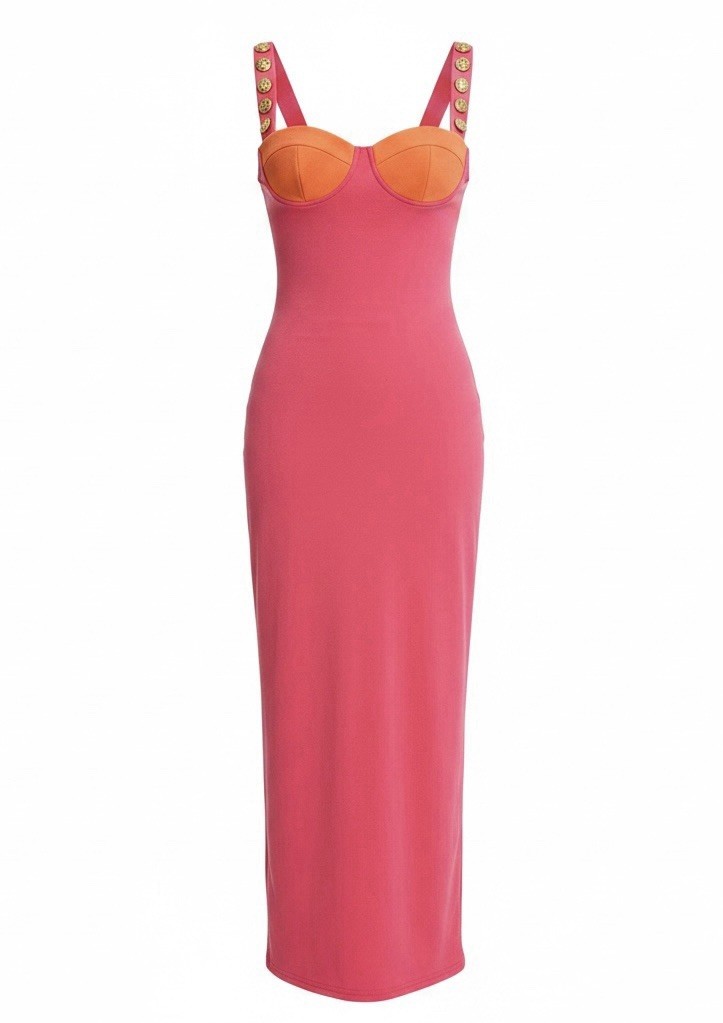 Womens XS Pink Orange Bodycon Maxi Dress Gold Button Strap Sleeveless Stretch