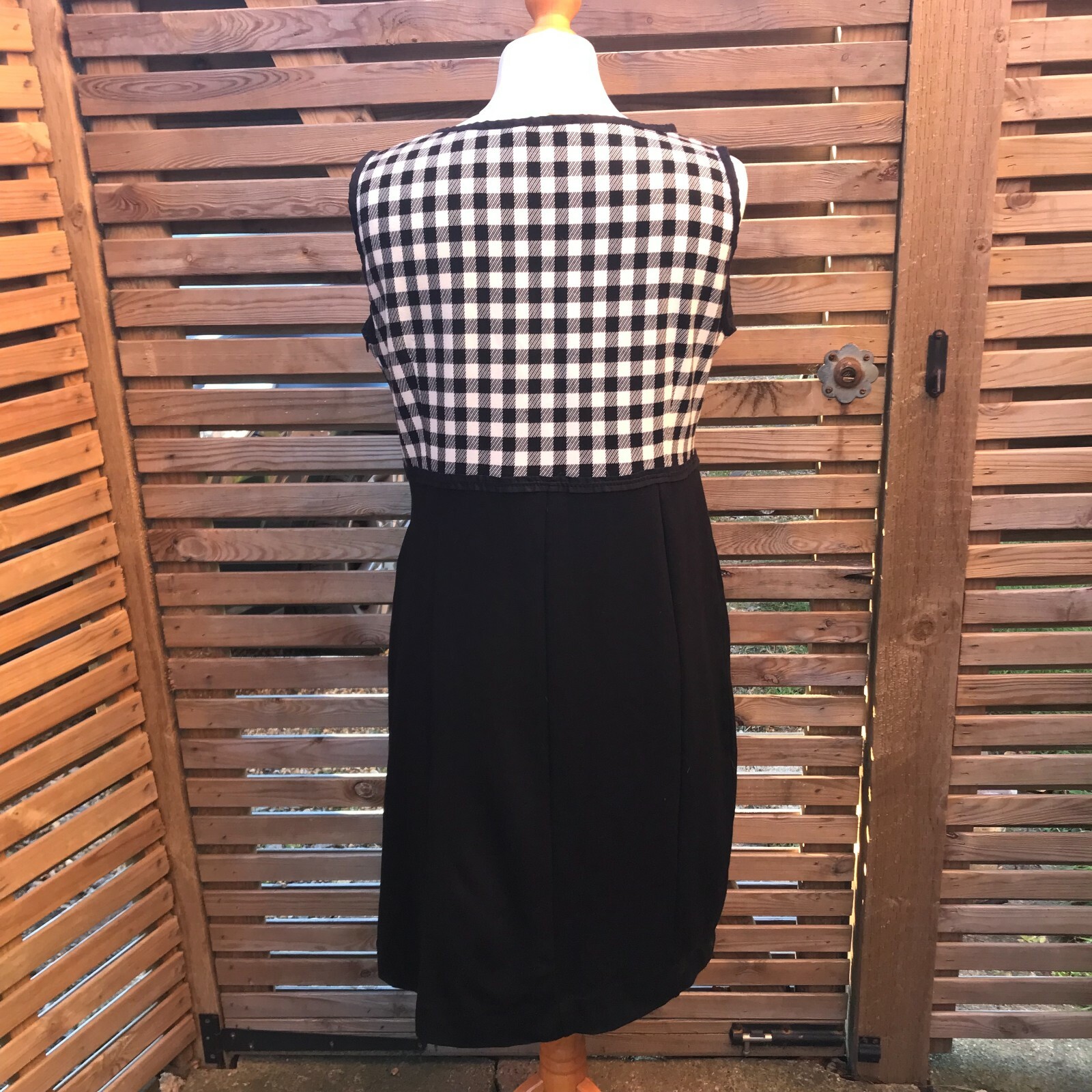 Cortefiel Black Dress With Gingham Bodice Size 14 UK Sleeveless Side Zip Smart